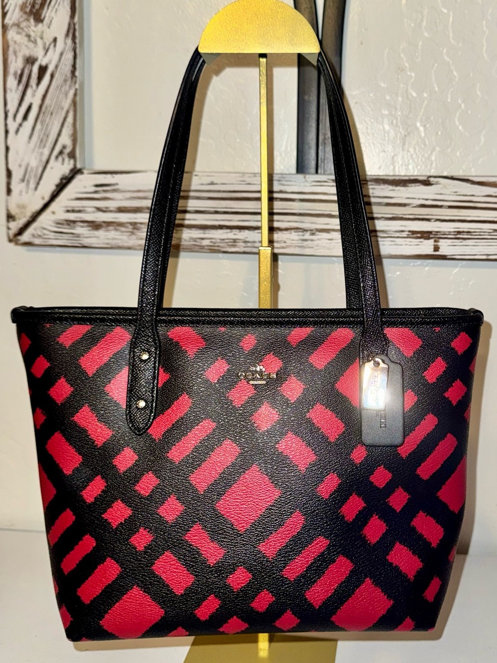 Coach F22246 City Zip Tote Bag Wild Red Plaid/Black 12x8x4” EUC - Picture 2 of 15